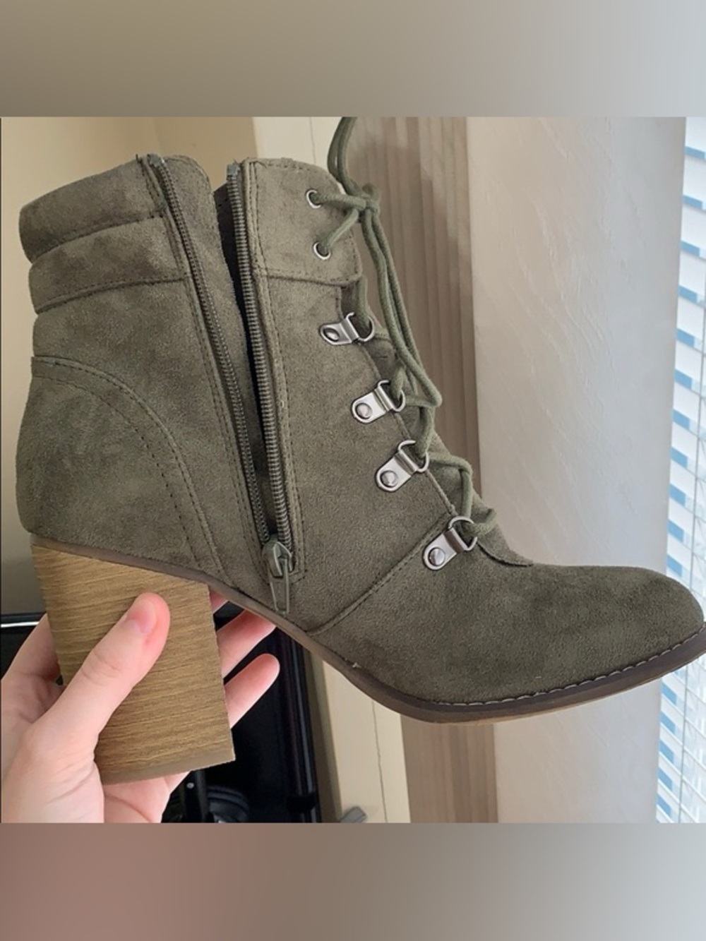 CANDIES Women's Lace-Up Suede Ankle Boot in Olive, size 8.